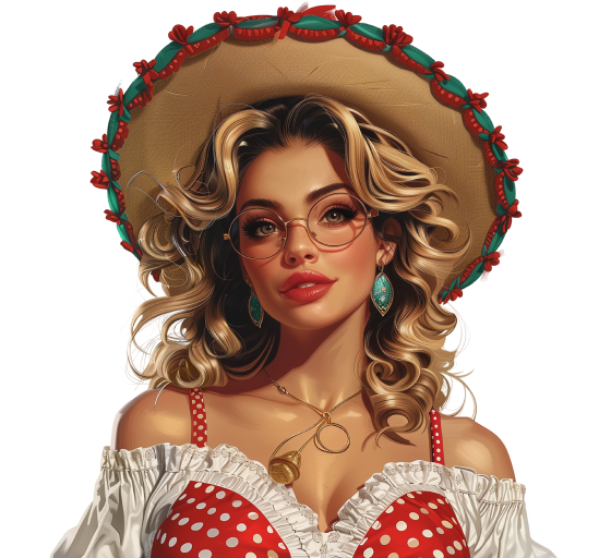 Ilustración de mujer estilo Pin-Up con sombrero y gafas, imagen representativa de la marca.
